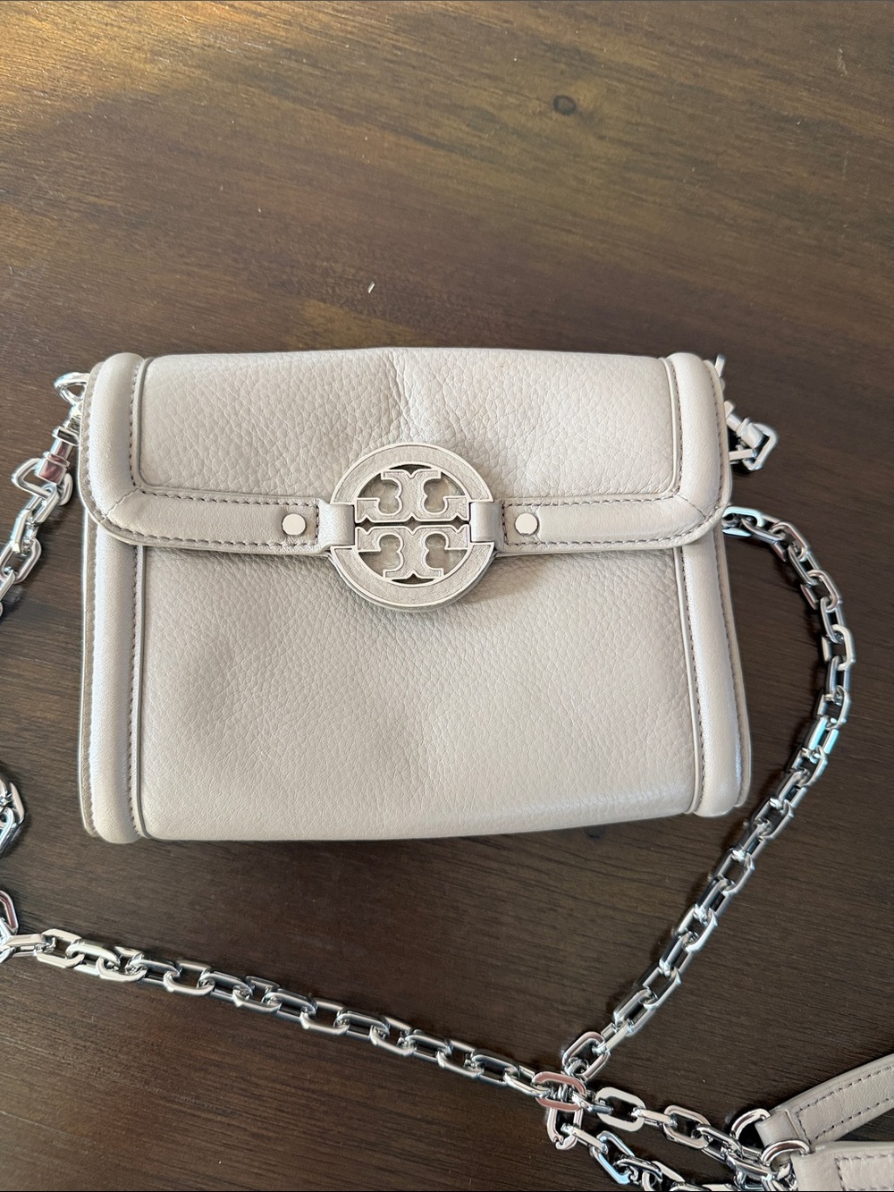 Authentic Tory Burch grey Leather Crossbody with Silver Chain